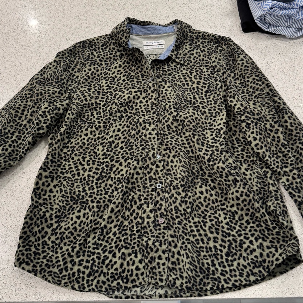 Tommy Bahama Leopard Print Black and Green Ladies Button Down